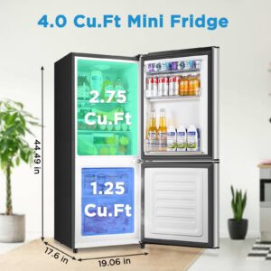 Saeoola Mini Fridge with Freezer on Bottom, 4.0 Cu.Ft, 2 Doors Compact Small Refrigerator with Bottom Freezer for Apartment, Dorm, Office, 7-Level Temperature Control, Removable Shelves (Sliver)