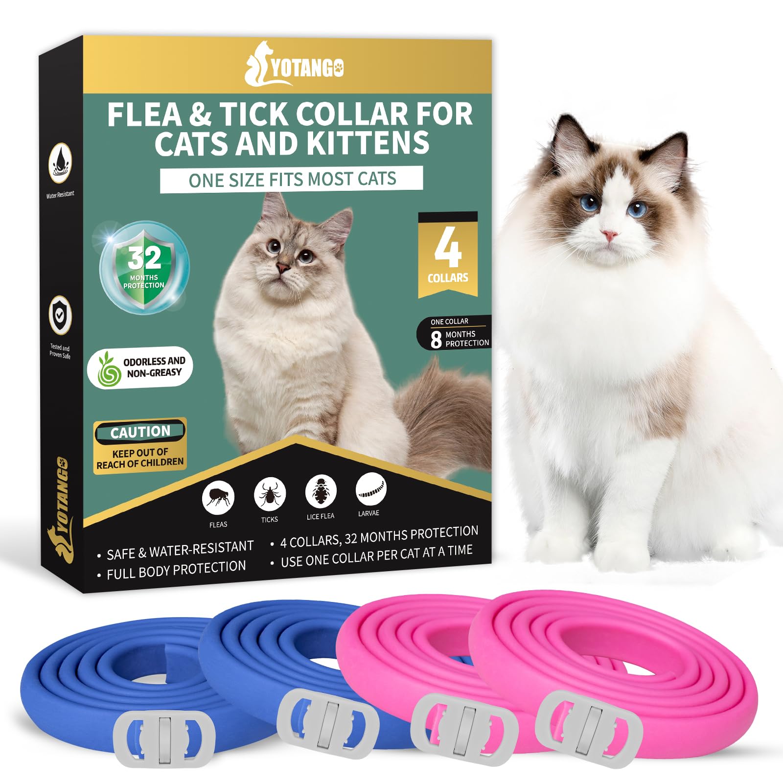 4 Pack Flea Collar for Cats, 32 Months Flea and Tick Prevention for Cats, Waterproof Cat Flea Collar, Natural Cat Flea and Tick Treatment, Adjustable Flea and Tick Collar for Cats Kittens(Blue&Pink)