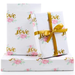 wedding wrapping paper, gold love with pink floral white groom gift wrap folded flat 5 sheets 20x28 inches per sheet with ribbon for wedding shower, bridal shower, engagements, birthday, anniversary