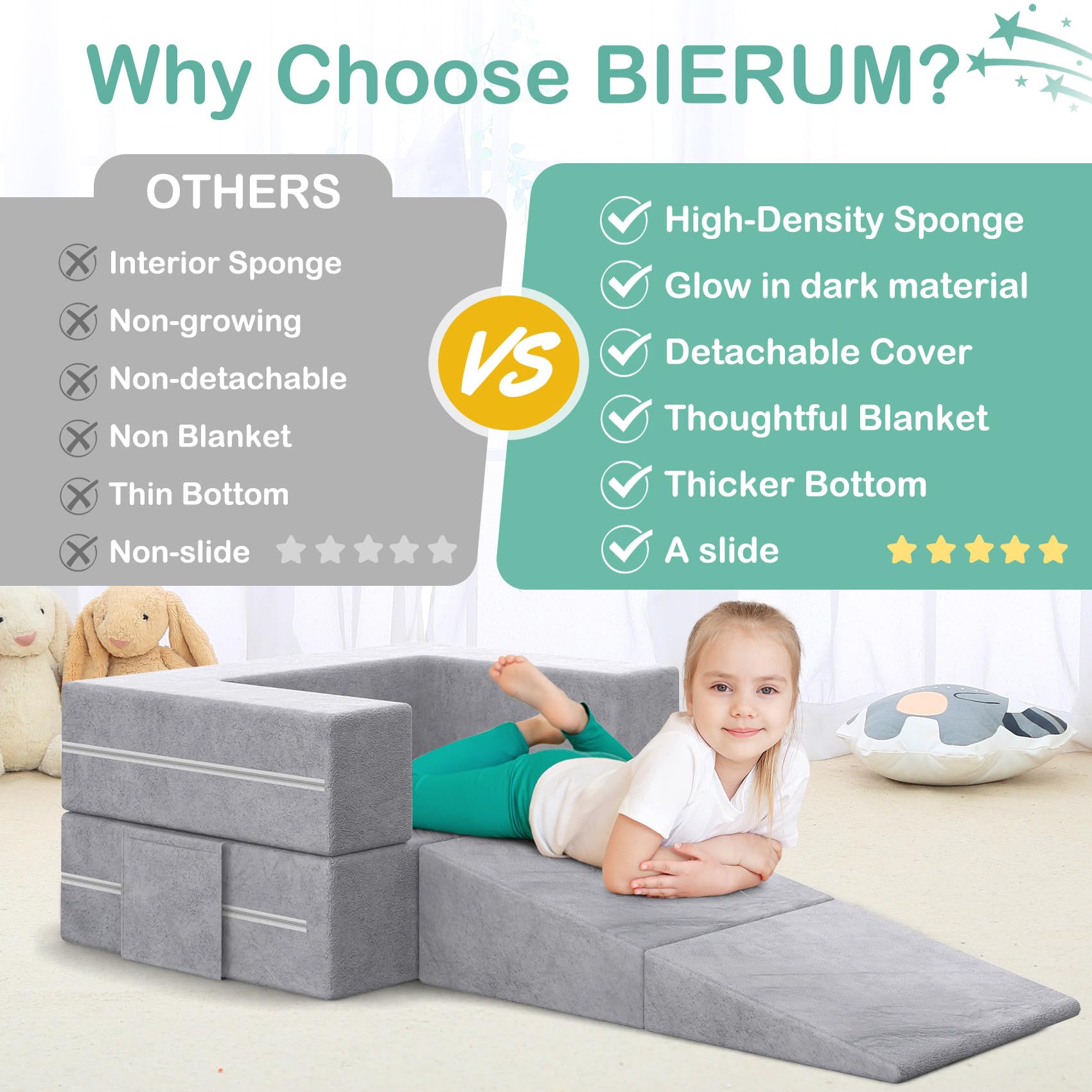 BIERUM Toddler Couch with Blanket, 3-in-1 Kids Couches and Sofas Fold Out, Convertible Sofa to Playful Slide for Girls and Boys, Extra Softer Kids Sofa Chair for Bedroom Playroom