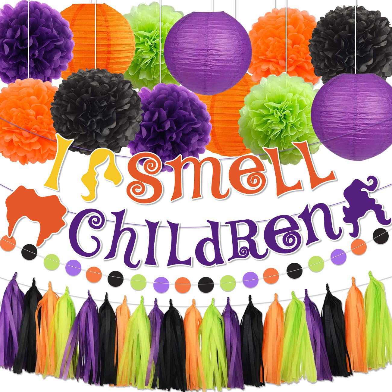 Hocus Pocus Halloween Decorations I Smell Children Banner Hocus Pocus Halloween Baby Shower Party Decorations, Hocus Pocus Sign with Paper Pompoms Tassels and Lanterns Hocus Pocus Halloween Decor