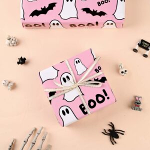 12 Sheets Pink Ghost and Boo Wrapping Paper Halloween Pink Ghost Bat Boo Pattern Wrap Paper Cute Ghost Paper for Happy Boo Day Girls Baby Shower Birthday Party DIY Crafts Gift Wrapping