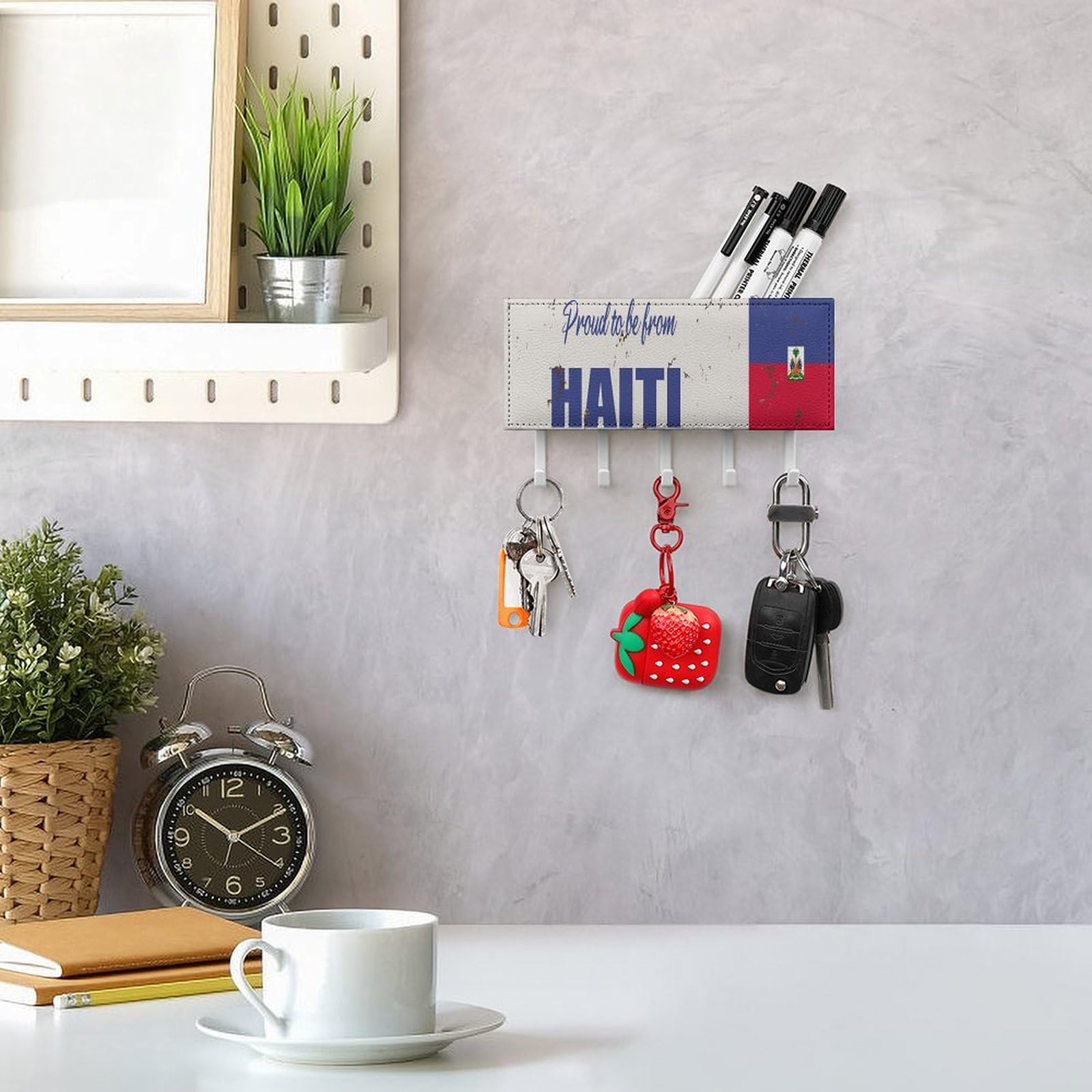 Proud to Be from Haiti Key Holder for Wall, Haiti National Flag Mail Holder and Key Rack for Entryway,Rustic Key Hangers with 5 Hooks, Wall Mount for Entryway, Mudroom, Hallway