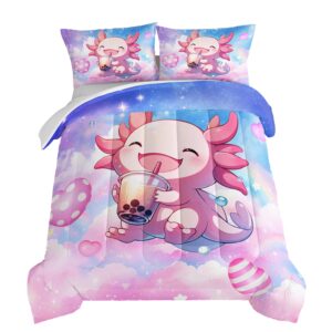 hosima pink rainbow comforter set twin size,cute axolotl drink milk tea pattern comforter set sea animal theme bedding 3pcs for kids girls room decor,kawaii bedding set with 2 pillowcases.