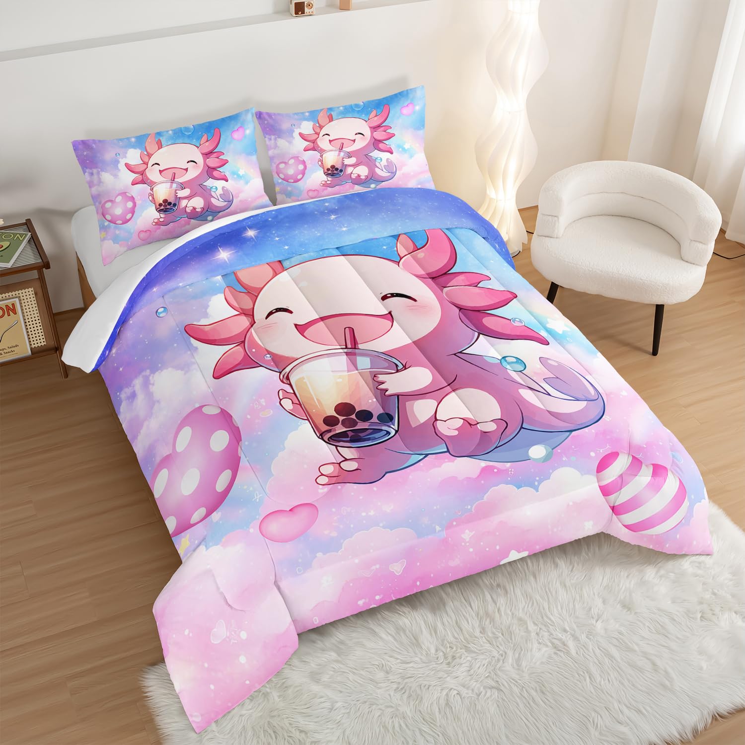 HOSIMA Pink Rainbow Comforter Set Twin Size,Cute Axolotl Drink Milk Tea Pattern Comforter Set Sea Animal Theme Bedding 3pcs for Kids Girls Room Decor,Kawaii Bedding Set with 2 Pillowcases.