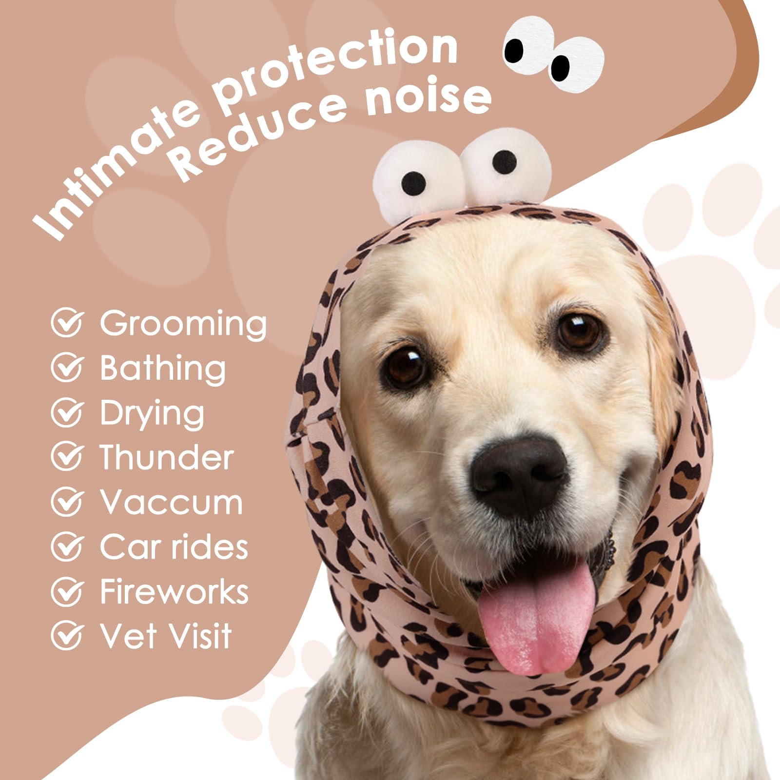 SAWMONG Dog Calming Hoodie,No Shake Ear Wraps for Anxiety Relief,Ear Head Covers for Noise Fireworks Dog Ear Muffs,Leopard,S