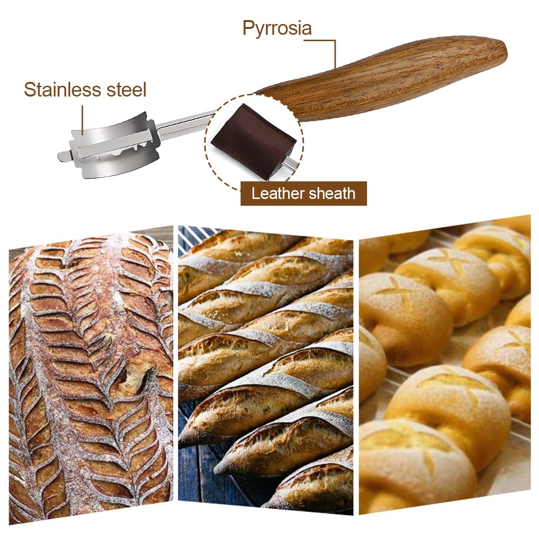 YSYONM Bread Lame for Dough Scoring Knife Stainless Steel Sourdough Scoring Tool with 5 Blades and a Dark Brown Leather Cover