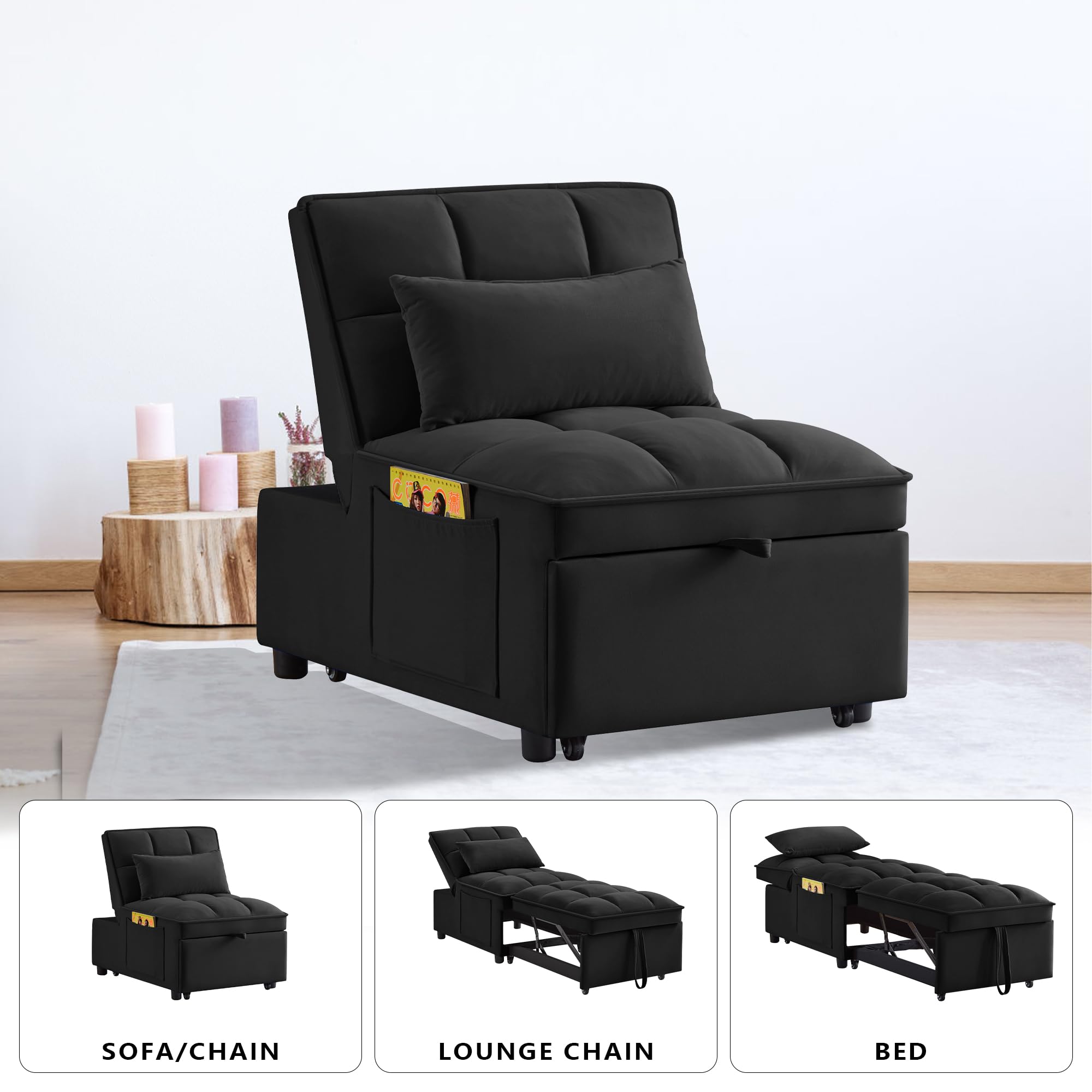 HIMcup Sleeper Sofa Chair Bed, 4 in 1 Multi-Function Convertible Sofa Chair, Adjustable Sleeper Chair Pullout Velvet Sofa Bed with Storage Pockets, Sofa Bed for Living Room Apartment Furniture Decor