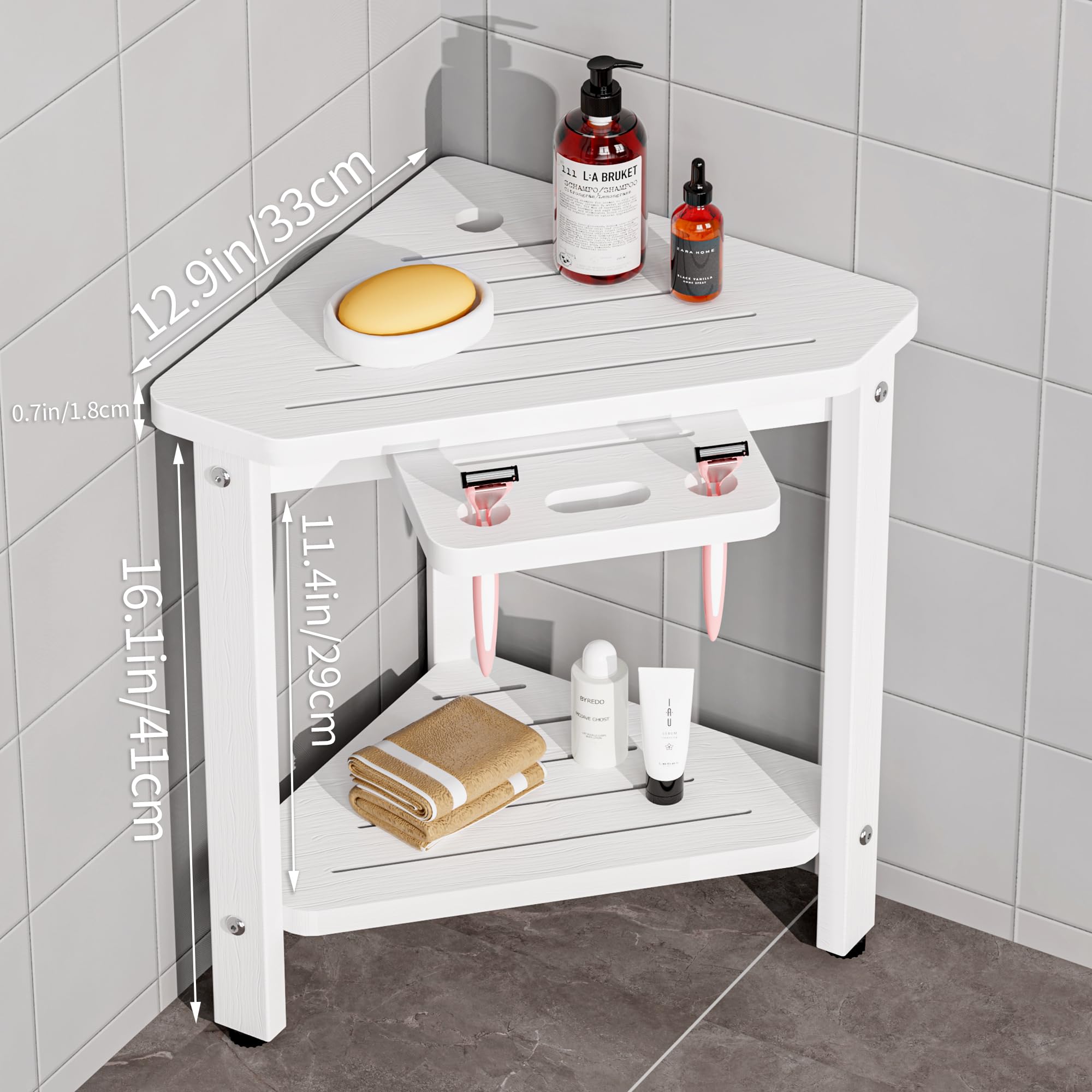 KEGII Corner Shower Stool, Bathroom Shower Bench for Inside Shower, Waterproof Shower Chair Seat for Shaving Legs, Non-Slip, White