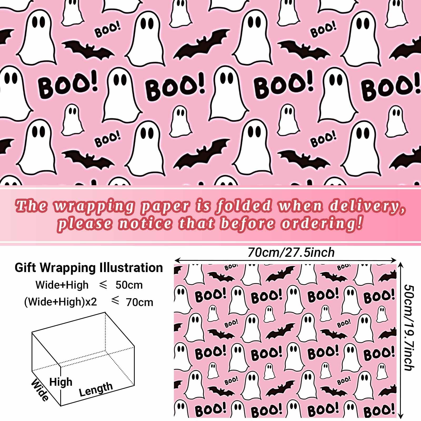 12 Sheets Pink Ghost and Boo Wrapping Paper Halloween Pink Ghost Bat Boo Pattern Wrap Paper Cute Ghost Paper for Happy Boo Day Girls Baby Shower Birthday Party DIY Crafts Gift Wrapping