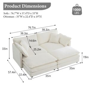 76.7" Deep Seat Sectional Cloud Sofa with 2 Ottomans & Soft Pillows, Loveseat Modular Couch for Living Room, Apartment, Small Space, Beige Chenille