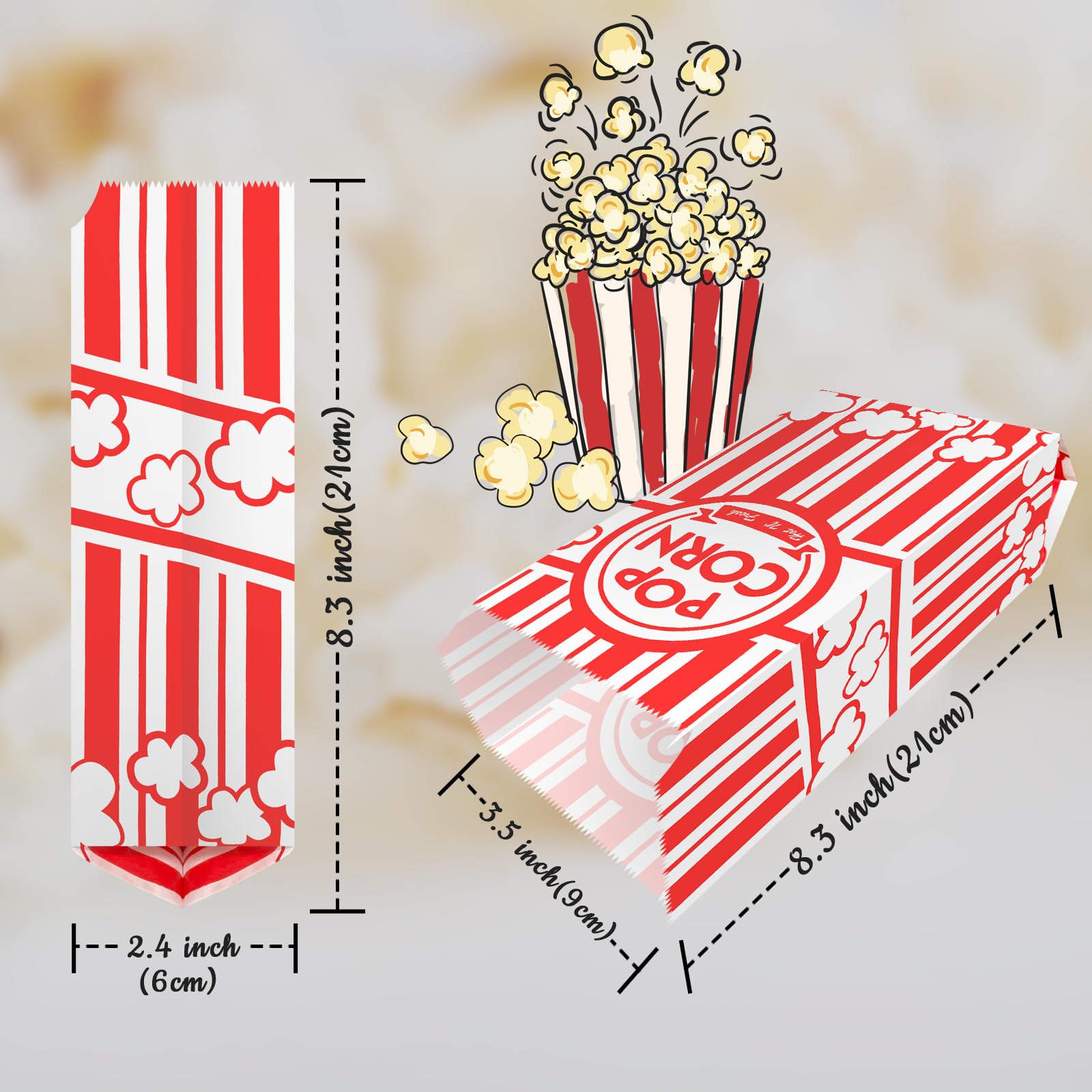 KERIQI Popcorn Bags, 50 Pcs Paper Popcorn Container Red and White Concession Stand Popcorn Holder Movie Theme Party Supplies