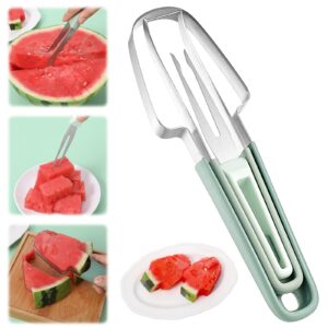 andibro 3-in-1 watermelon fork slicer cutter, stainless steel watermelon popsicle cutter metal melon cutter knife portability watermelon cutter slicer tool for camping kitchen gadgets(green)