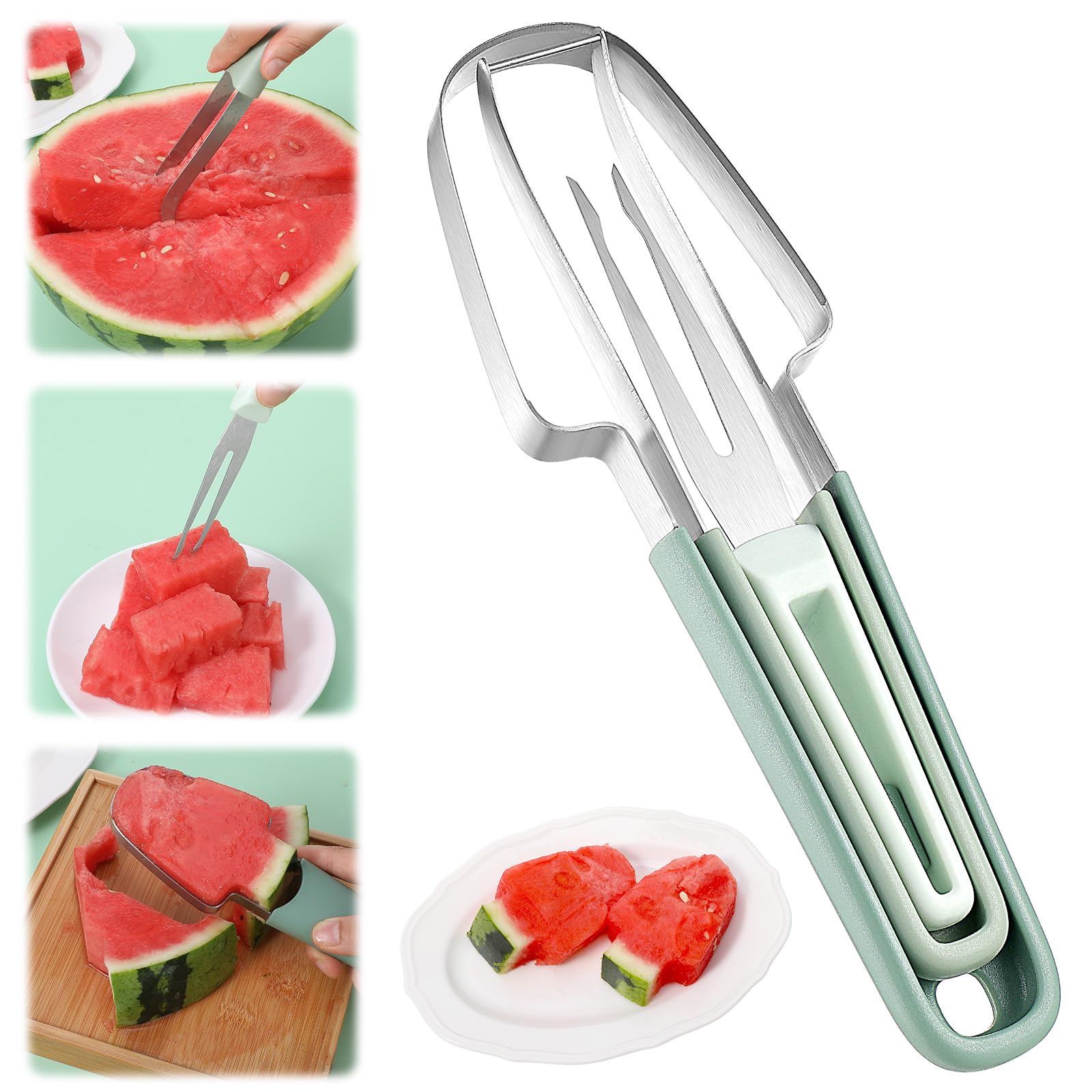 Andibro 3-in-1 Watermelon Fork Slicer Cutter, Stainless Steel Watermelon Popsicle Cutter Metal Melon Cutter Knife Portability Watermelon Cutter Slicer Tool for Camping Kitchen Gadgets(green)