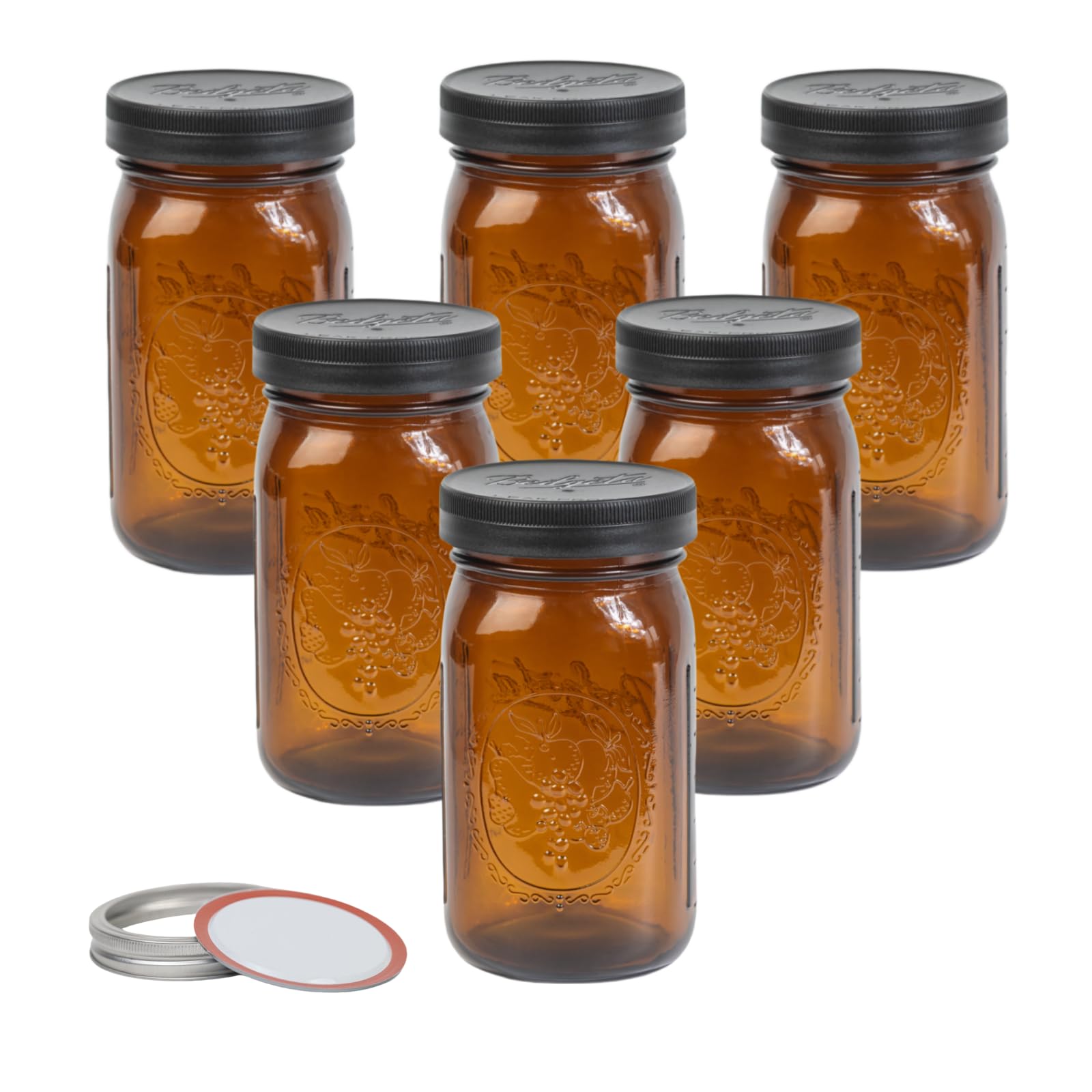 Yodecy 6 Pack 32 oz Amber Wide Mouth Mason Jars with Airtight Lids and Black Plastic Mason Jar Lids, Amber Canning Jars with Lids