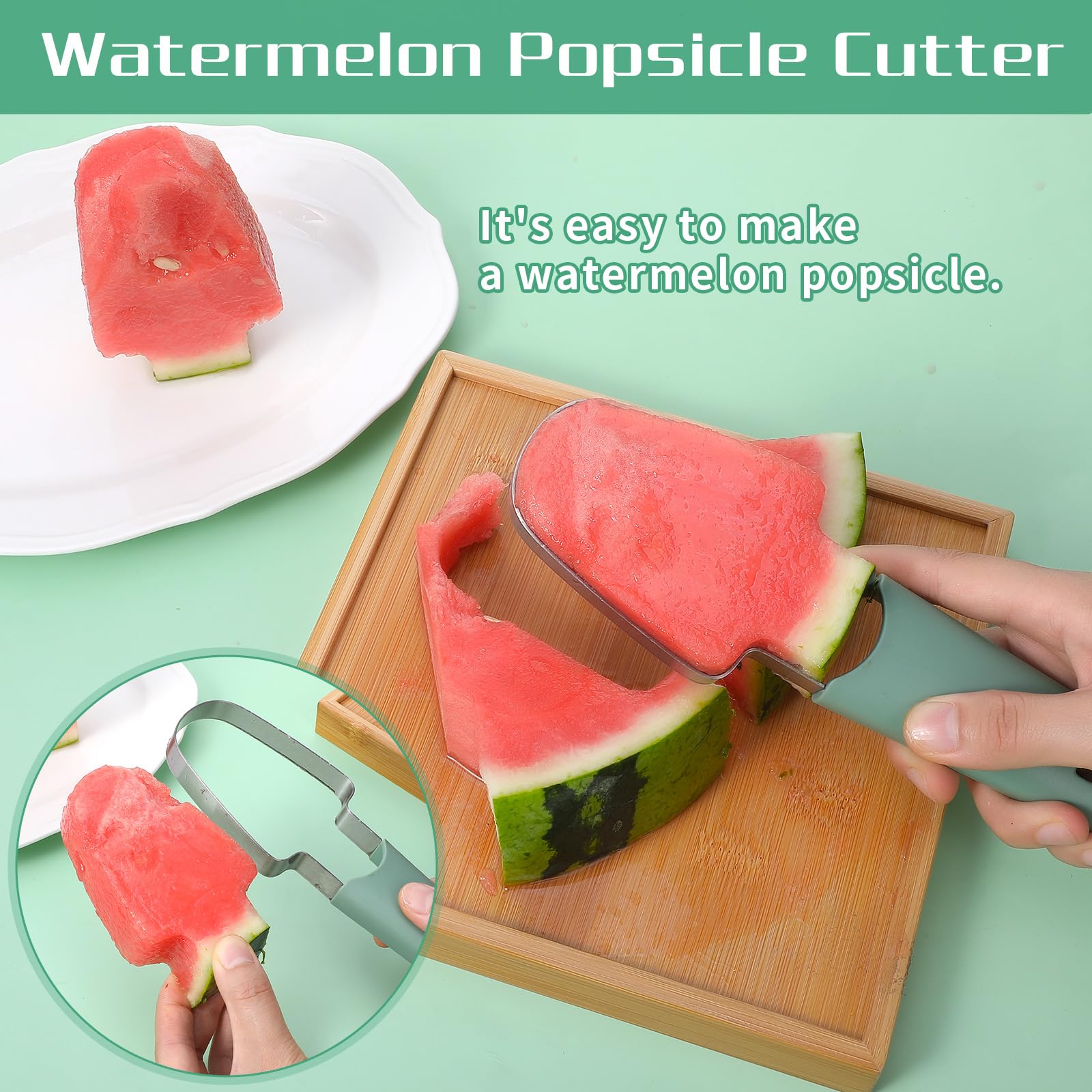 Andibro 3-in-1 Watermelon Fork Slicer Cutter, Stainless Steel Watermelon Popsicle Cutter Metal Melon Cutter Knife Portability Watermelon Cutter Slicer Tool for Camping Kitchen Gadgets(green)