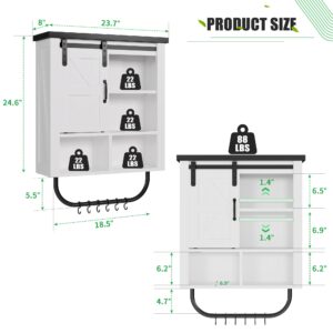 kepptory Medicine Cabinet with Adjustable Shelf and Sliding Door, Farmhouse Bathroom Cabinet Wall Mount with Towel Bar and 6pcs Hooks, Floating Storage Cabinet for Bathroom, Kitchen, Hallway