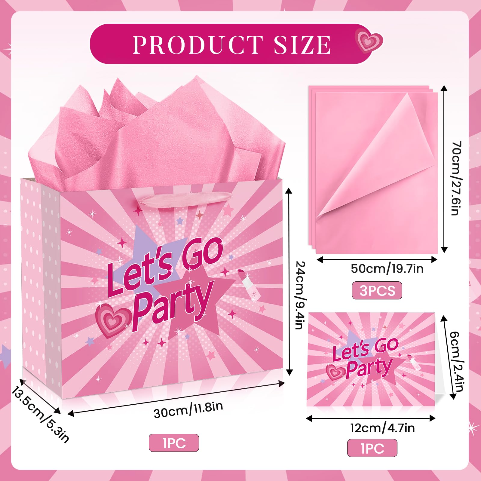 Hot Pink Gift Bag Lets Go Party Supplies Pink Wrapping Bag with Greeting Card and Tissue Paper Bachelorette Party Decorations for Girls Princess Bridal Shower Christmas Birthday Party Supplies