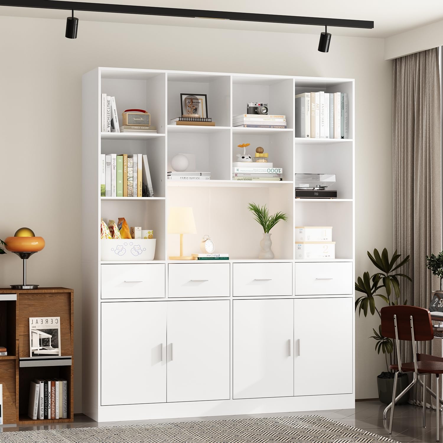 ECACAD Modern Wooden Bookcase with Shelves, 4 Doors and 4 Drawers, Tall Storage Display Cabinet Kitchen Pantry for Living Room, Home Office and Kitchen, White (15.7" D x 63" W x 78.7" H)