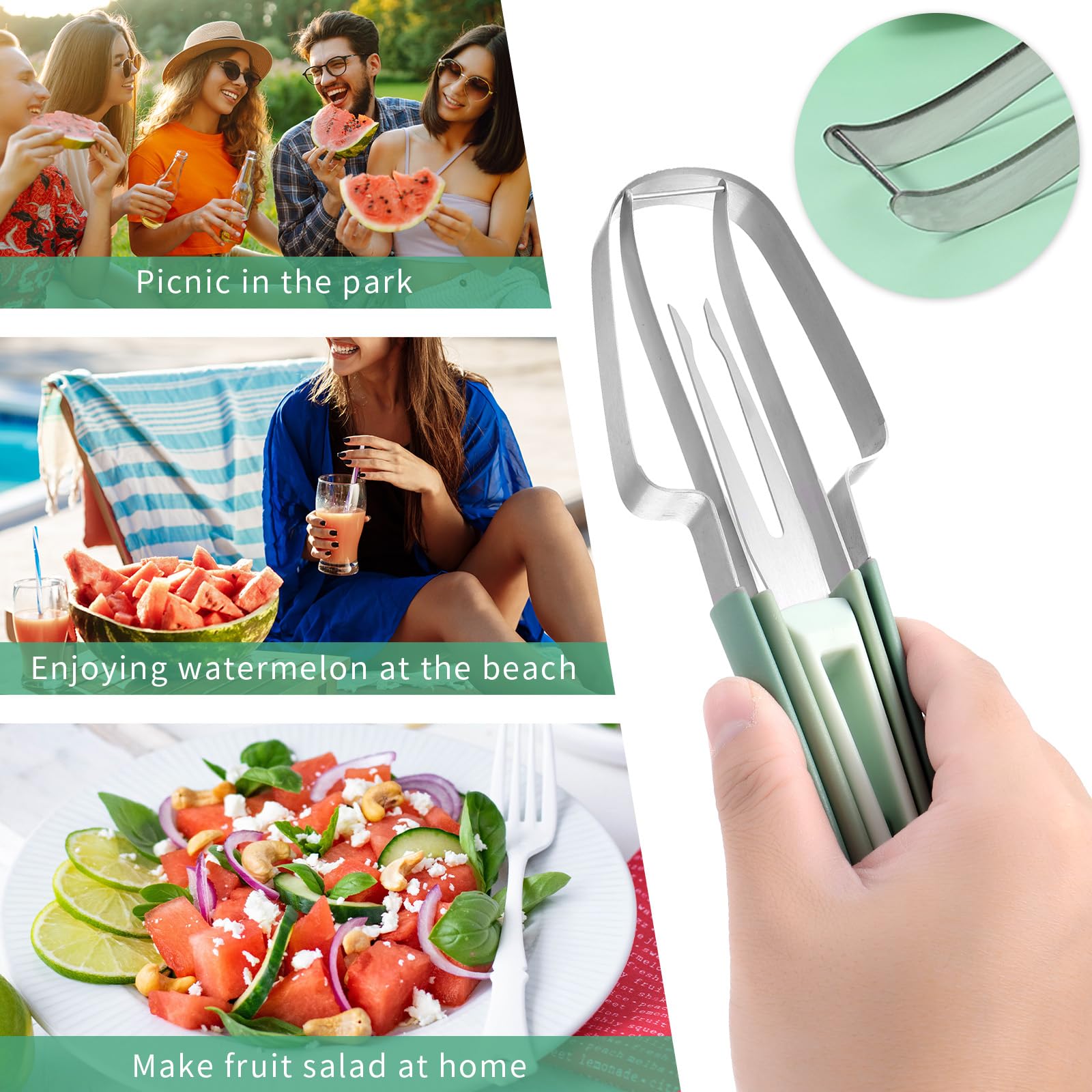 Andibro 3-in-1 Watermelon Fork Slicer Cutter, Stainless Steel Watermelon Popsicle Cutter Metal Melon Cutter Knife Portability Watermelon Cutter Slicer Tool for Camping Kitchen Gadgets(green)