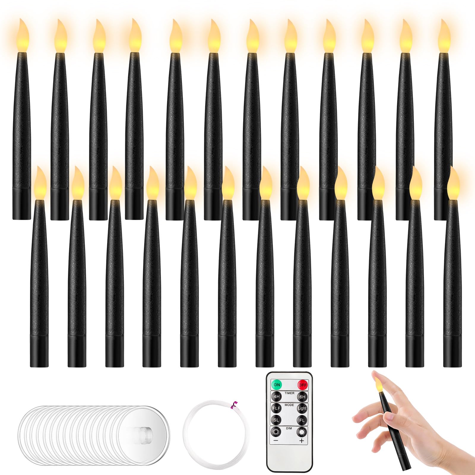 Liliful 24 Pcs Halloween Hanging Floating Candles Flameless LED Taper Candles Magic Hanging Flameless Candles Battery Operated Warm Light for Halloween Party Decor(Black, 6.3inch)