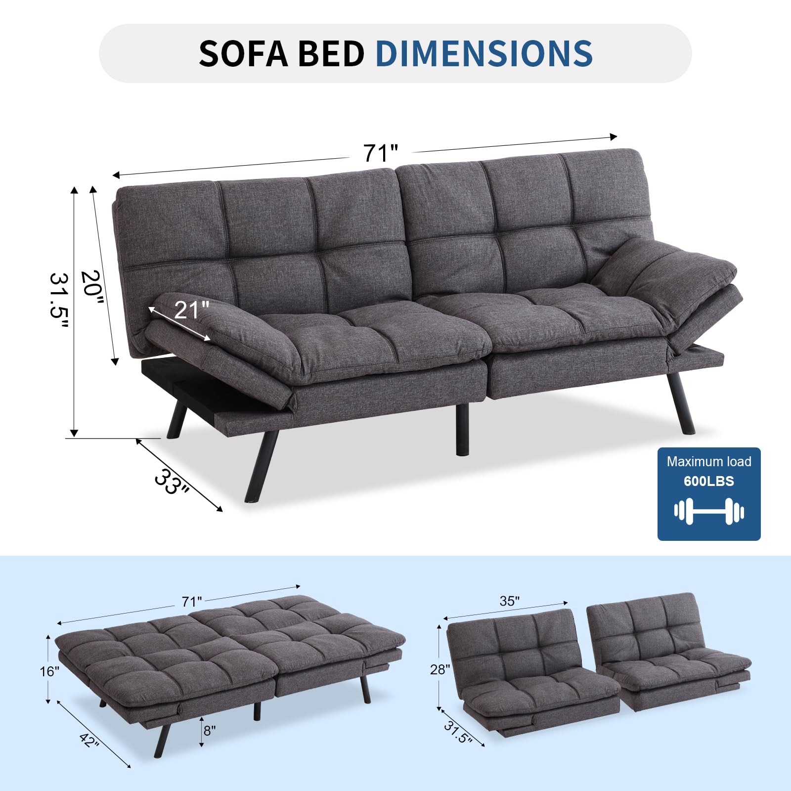 MUUEGM 71" Couches for Living room, Futon Sofa Bed with Memory Foam and Adjust Backrest, Sofa for Studios, Apartments, Dormitories, Offices and Game Rooms.Dark Grey Sofa