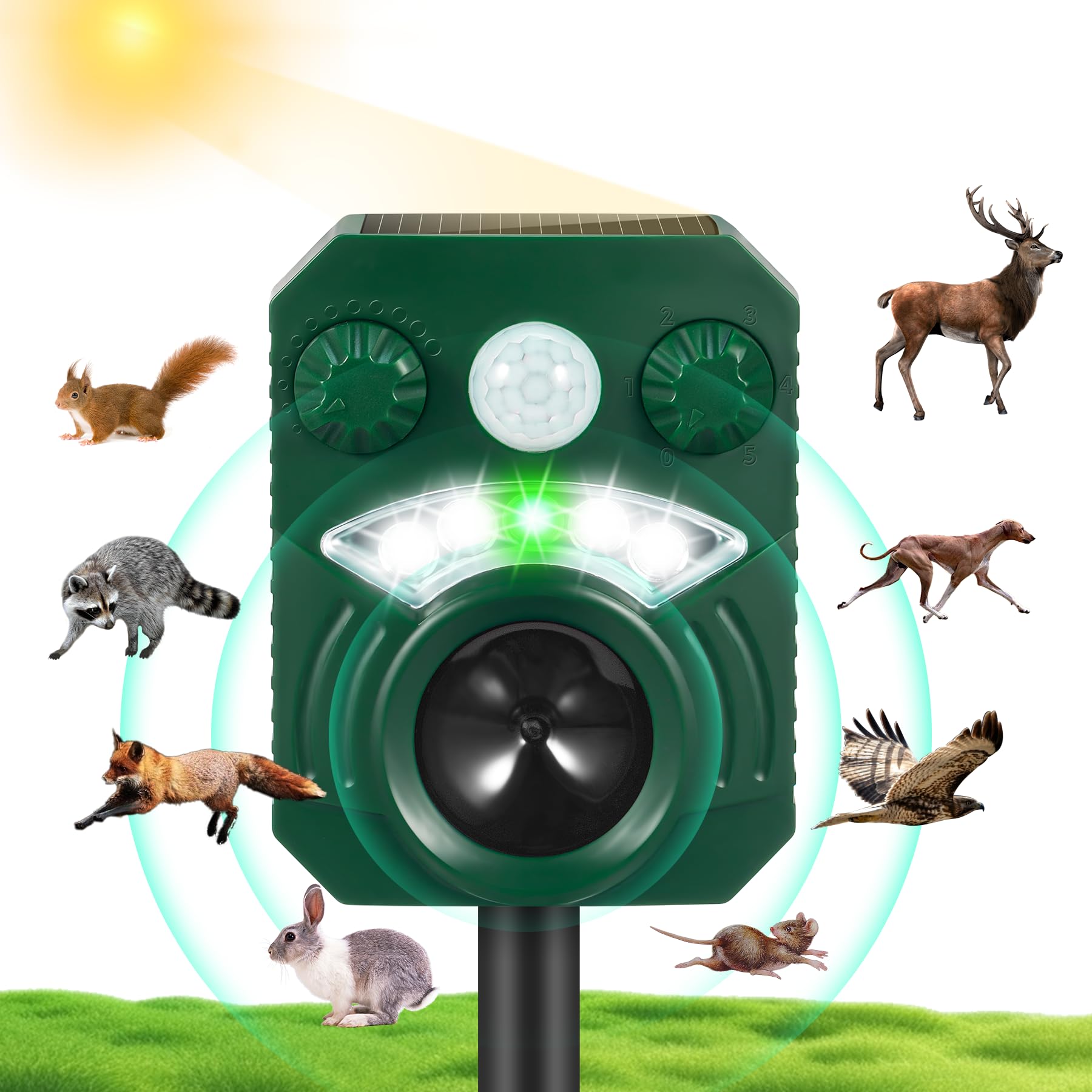 Upgraded Ultrasonic Animal Repeller Outdoor,Solar Animal Repeller with Motion Sensor Animal Deterrent to Scare Cat Rabbit Squirrel Raccoon Skunk Dog Deer Repellent Devices for Yard Farm Protection