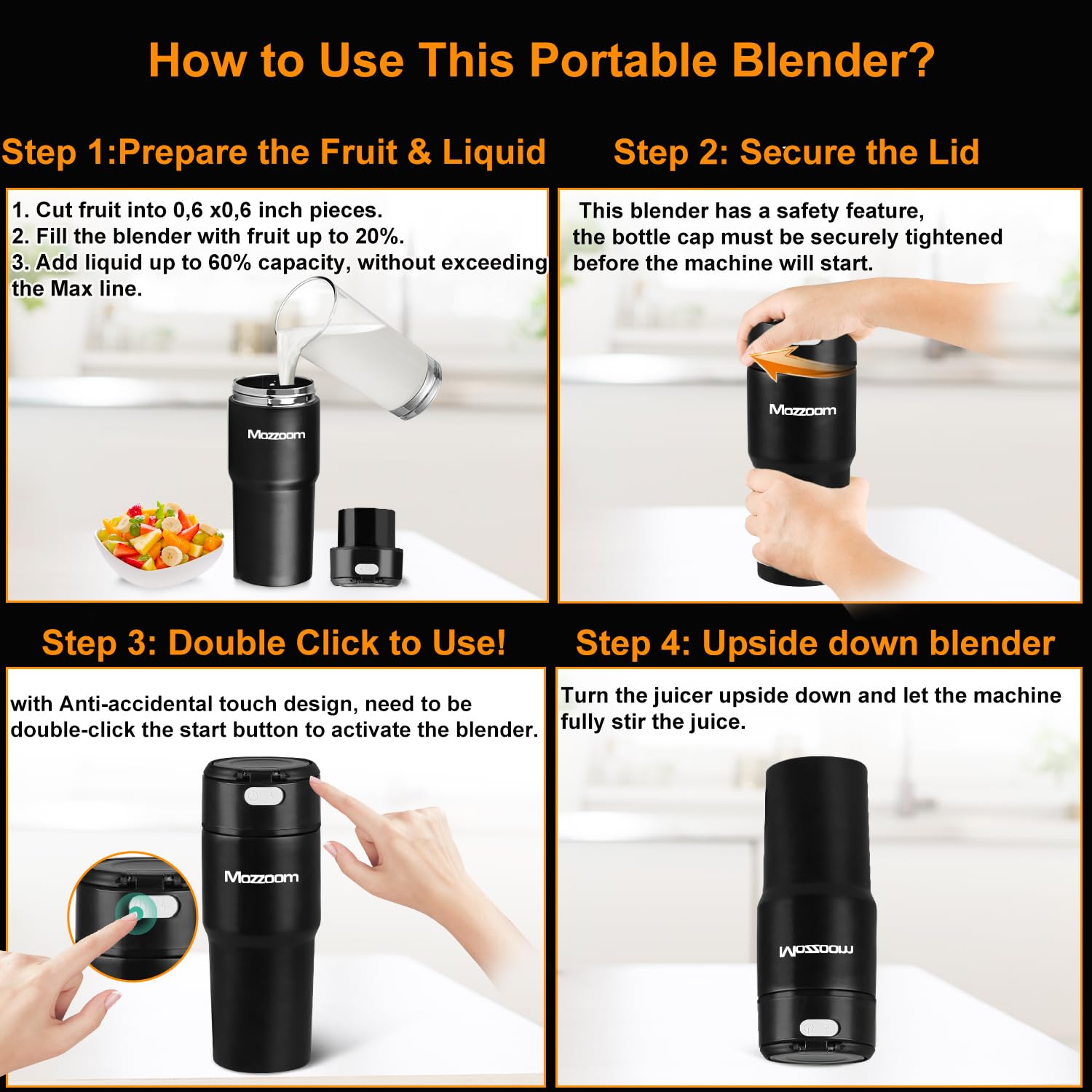 Portable Blender for Smoothies and Shakes,Personal Blender, 15 oz Vacuum Insulated Stainless Steel Keep Cold or Hot,BPA Free,USB Rechargeable,Travel Blender for Anywhere,Black（1 Pack)