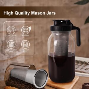 PNHYTUGY Cold Brew Coffee Maker - 64 Oz Heavy Duty Glass Mason Jar Pitcher with Stainless Steel Filter, Pour Spout Handle Lid, Leak - proof Design, Ideal for Iced Coffee and Tea - Black