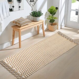 Boho Runners for Hallways, 2' x 6' Washable Hall Carpet Runner Rug Hand-Woven Washable Kitchen Rug Natural Cotton Striped Floor Mat for Entryway Indoor Bedroom Farmhouse Laundry Room