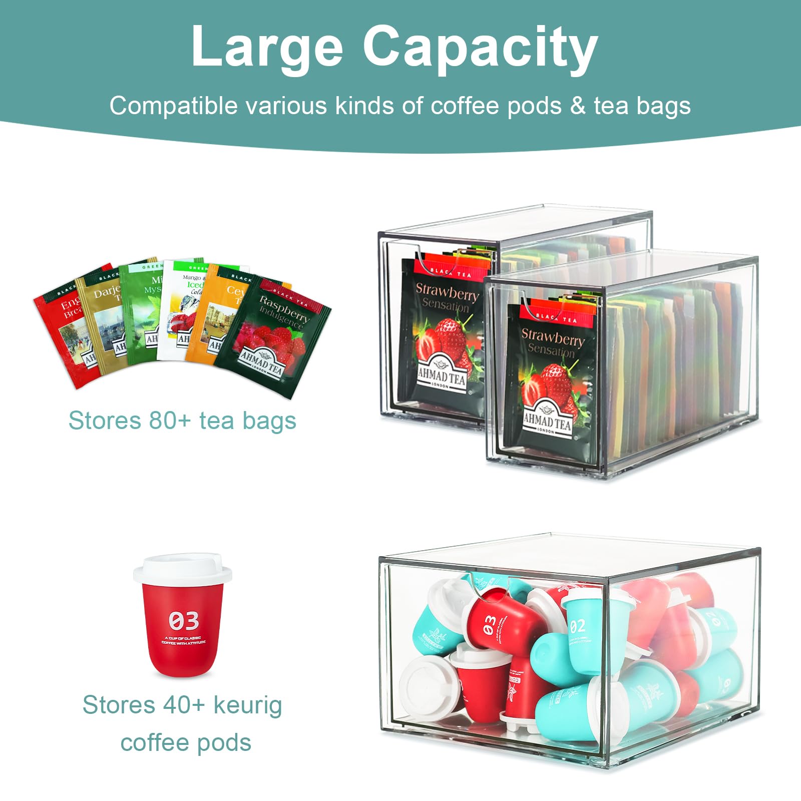 3 Acrylic Coffee Pod Holder Drawer, Stackable K Cup and Tea Bag Organizer, Tea Bag Storage Organizer for Kitchen Organizers and Storage, Multi-Functional Kitchen Organizer, Home Organizer (Clear)