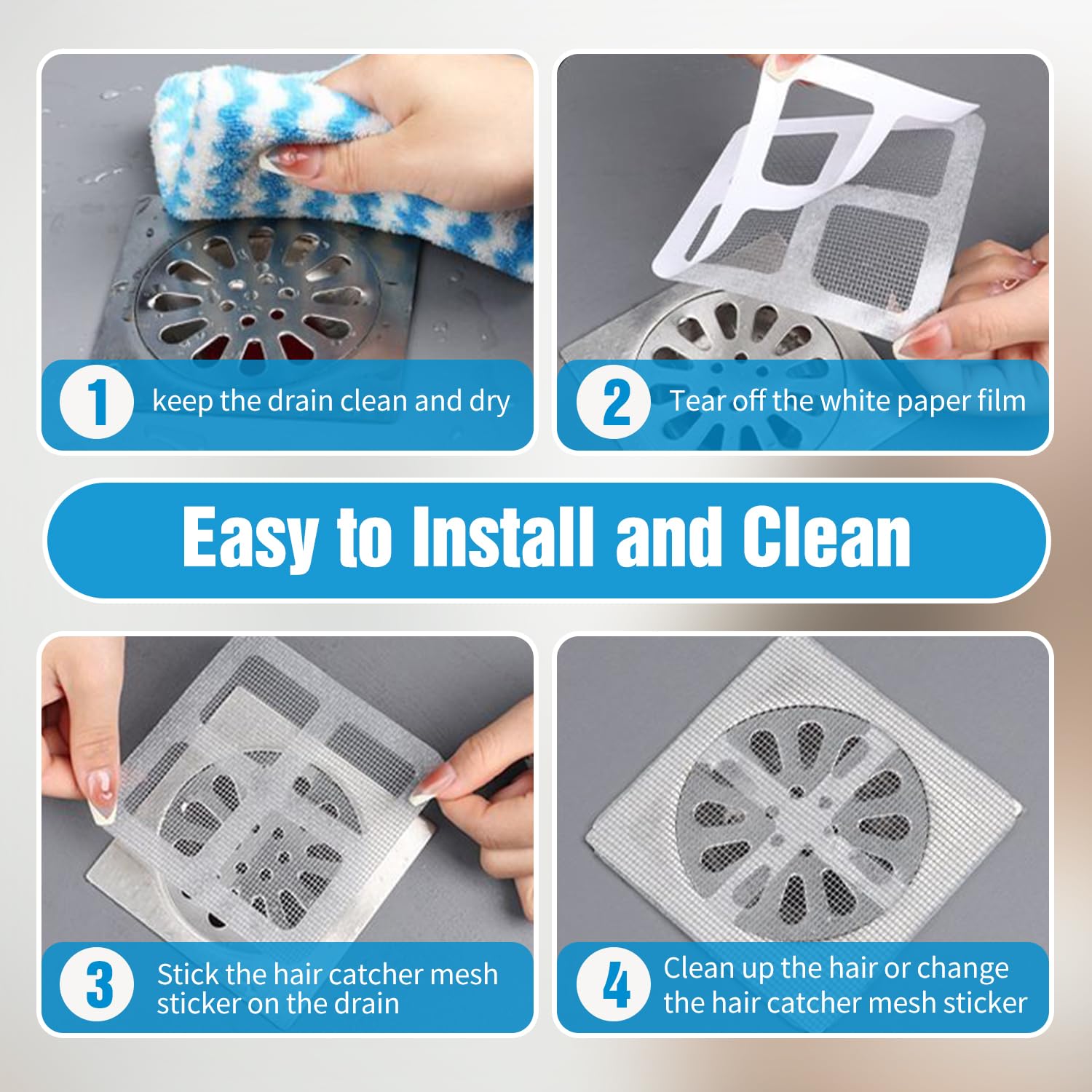 Disposable Shower Drain Cover Hair Catcher, 2024 New Shower Drain Hair Catcher Mesh Stickers, 4 in X 4 in Disposable Shower Drain Hair Catcher Floor Drain Sticker for Shower Kitchen (50 PCS)