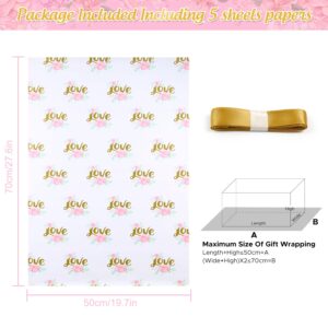 Wedding Wrapping Paper, Gold Love With Pink Floral White Groom Gift Wrap Folded Flat 5 Sheets 20x28 inches Per Sheet With Ribbon for Wedding Shower, Bridal Shower, Engagements, Birthday, Anniversary