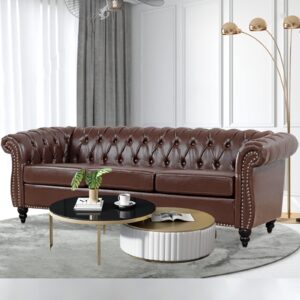 TINGMAMADEHUA Dark Brown Faux Leather 3-Seater Couch, 84in Sofas for Living Room, Bedroom, Office, with Rolled Arm, Deep Seating and Buttoned Classic Chesterfield Sofa