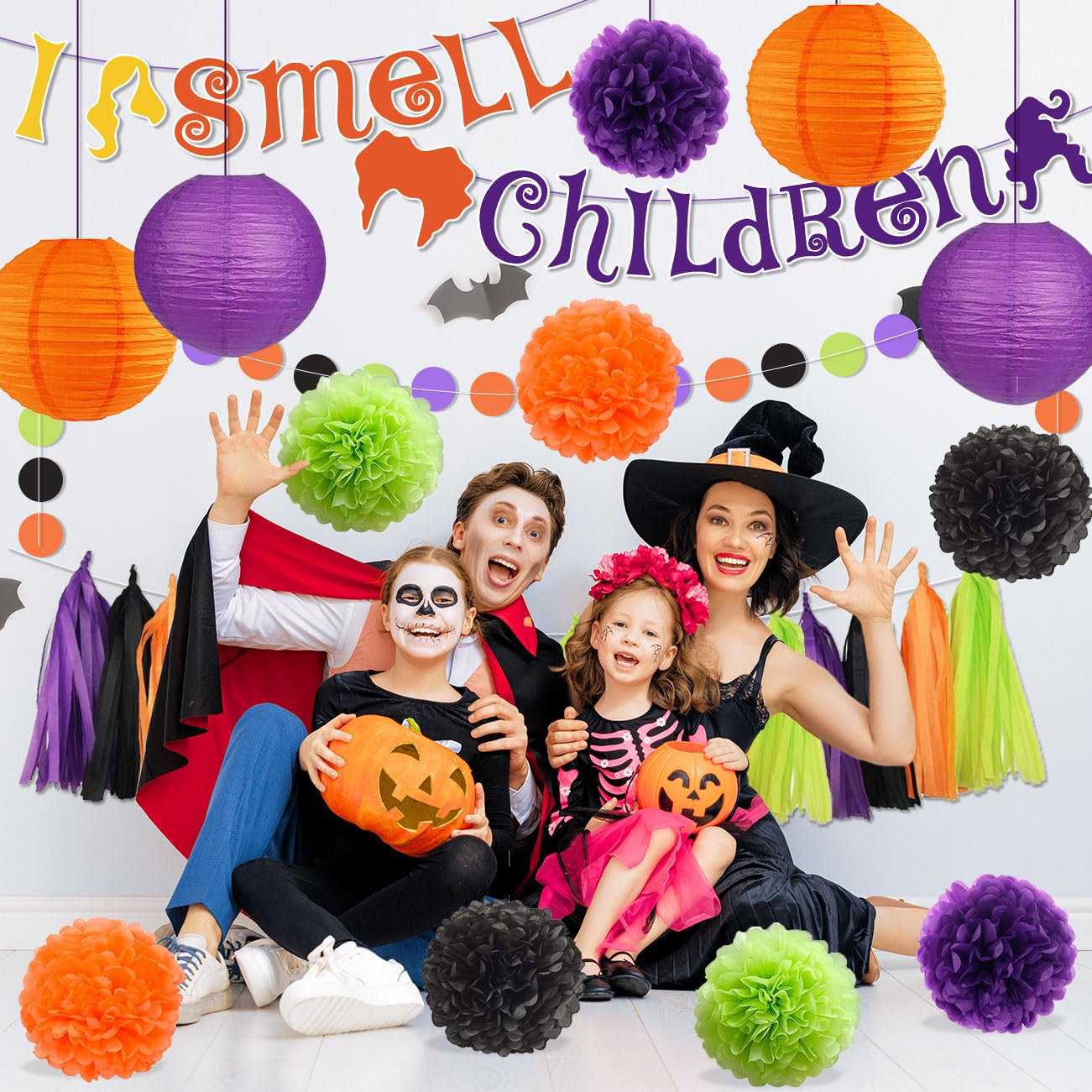 Hocus Pocus Halloween Decorations I Smell Children Banner Hocus Pocus Halloween Baby Shower Party Decorations, Hocus Pocus Sign with Paper Pompoms Tassels and Lanterns Hocus Pocus Halloween Decor