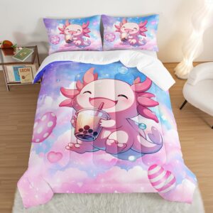 HOSIMA Pink Rainbow Comforter Set Twin Size,Cute Axolotl Drink Milk Tea Pattern Comforter Set Sea Animal Theme Bedding 3pcs for Kids Girls Room Decor,Kawaii Bedding Set with 2 Pillowcases.