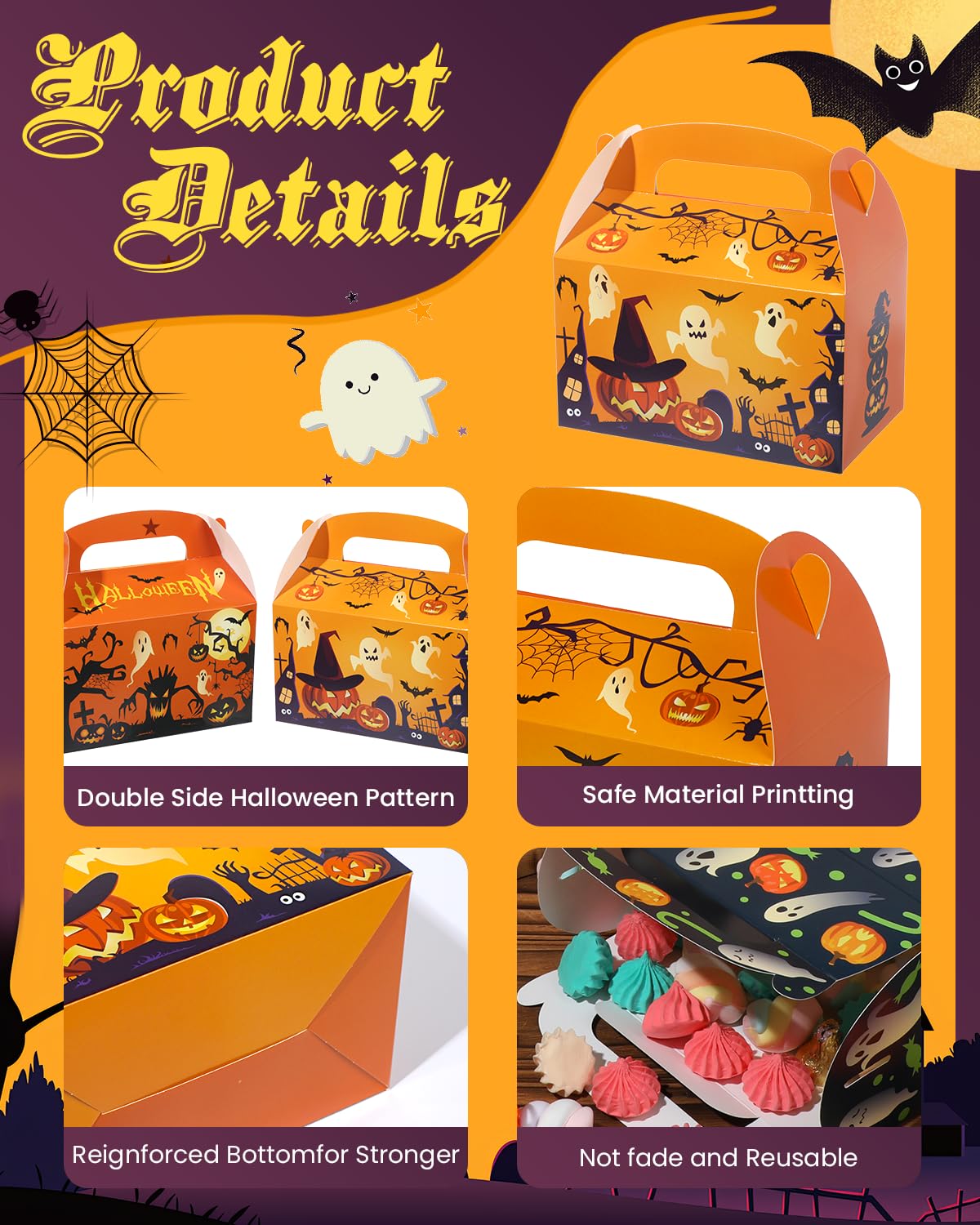 Liobelon 24 Pieces Halloween Treat Boxes Trick or Treat Bags Halloween Goodie Bags Halloween Cookies Goodie Boxes With Handles Ghost Gift Boxes Halloween Party Supplies for Sweets, Toys, Pastry, Gifts