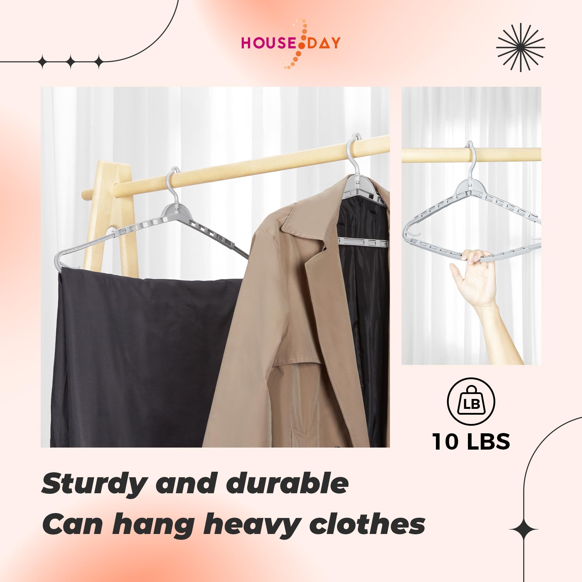 HOUSE DAY Extra Large Adjustable Hangers 4 Pack, Heavy Duty Clothes Hangers with 360° Rotating Hook, Sturdy Plastic Hangers Ideal for Coat,Sweaters, Jackets, Bath Towels, Oversized Garments (Gray)