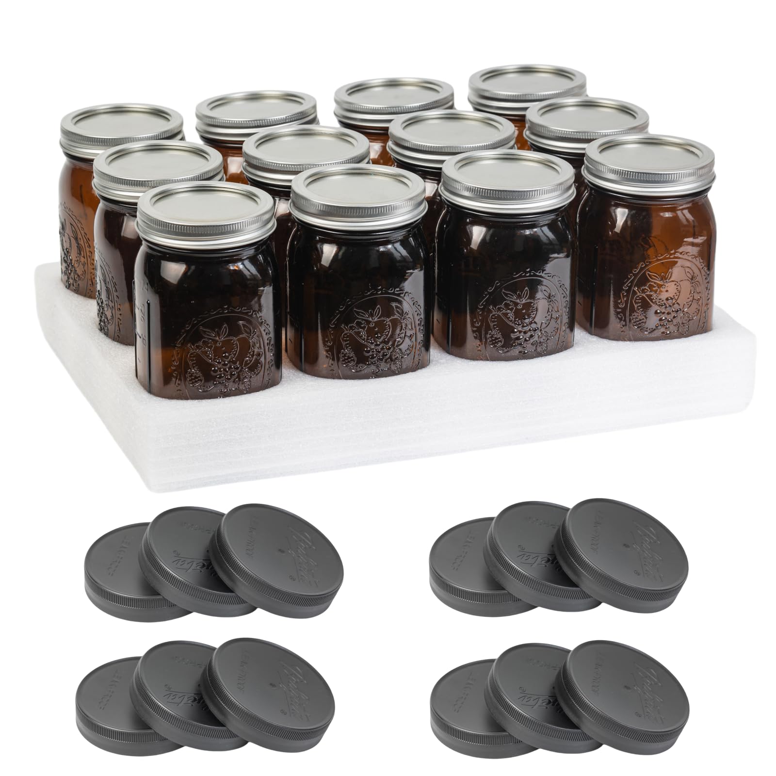 Yodecy 12 Pack 32 oz Amber Wide Mouth Mason Jars with Airtight Lids and Black Plastic Mason Jar Lids, Amber Canning Jars with Lids