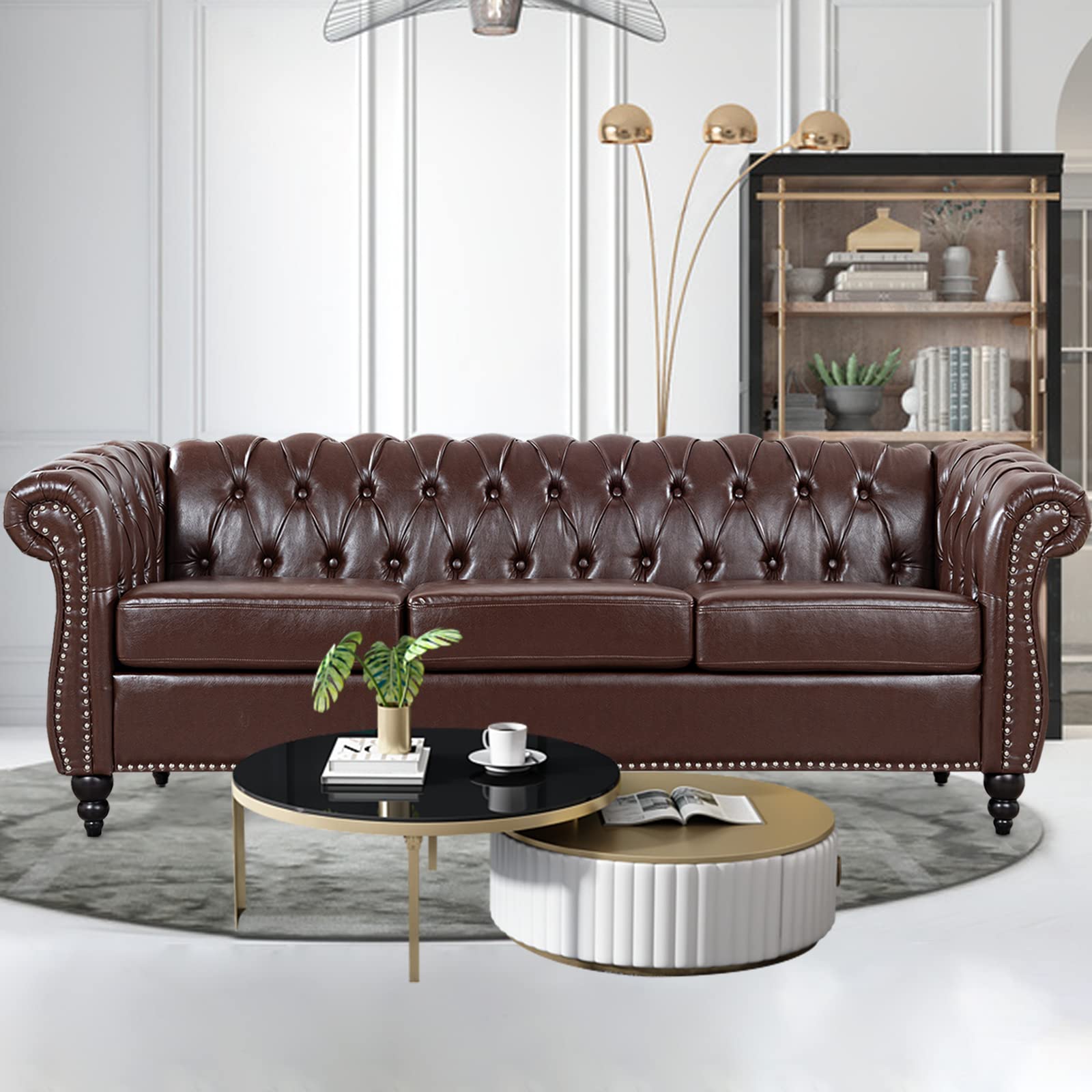 TINGMAMADEHUA Dark Brown Faux Leather 3-Seater Couch, 84in Sofas for Living Room, Bedroom, Office, with Rolled Arm, Deep Seating and Buttoned Classic Chesterfield Sofa