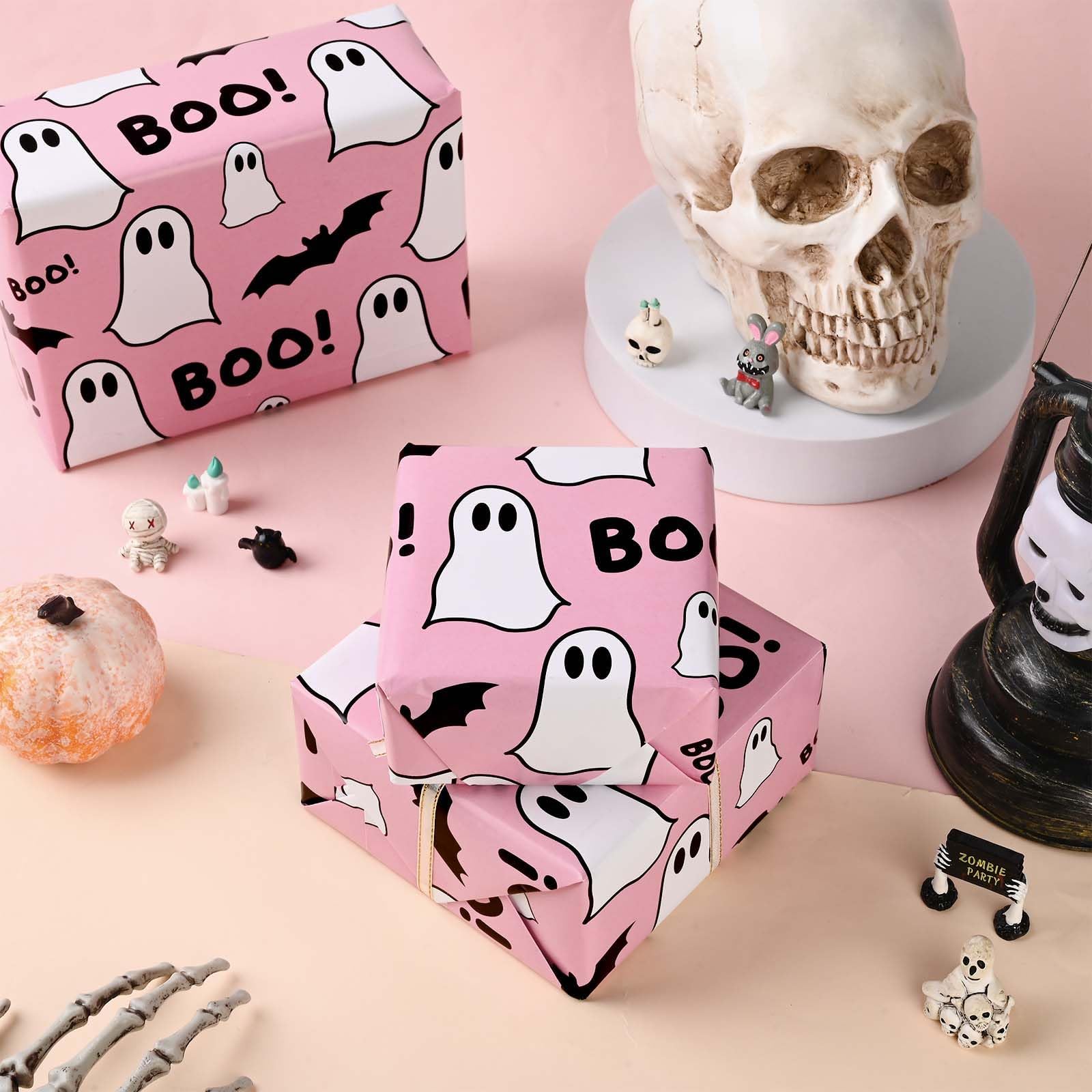 12 Sheets Pink Ghost and Boo Wrapping Paper Halloween Pink Ghost Bat Boo Pattern Wrap Paper Cute Ghost Paper for Happy Boo Day Girls Baby Shower Birthday Party DIY Crafts Gift Wrapping