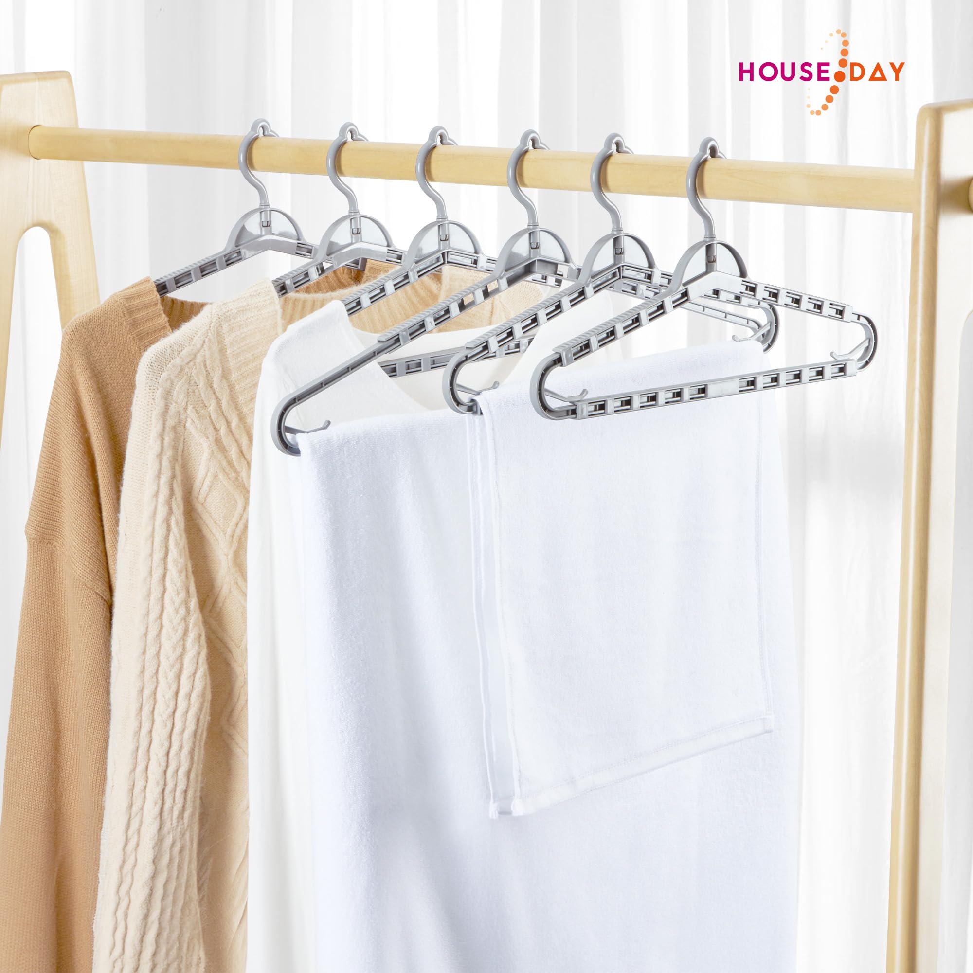 HOUSE DAY Extra Large Adjustable Hangers 4 Pack, Heavy Duty Clothes Hangers with 360° Rotating Hook, Sturdy Plastic Hangers Ideal for Coat,Sweaters, Jackets, Bath Towels, Oversized Garments (Gray)