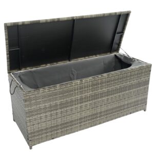 chunly 113 gallon outdoor waterproof large wicker deck box with lids indoor storage bench storage cabinet for patio furniture cushions, packages, pillows and garden tools, gray