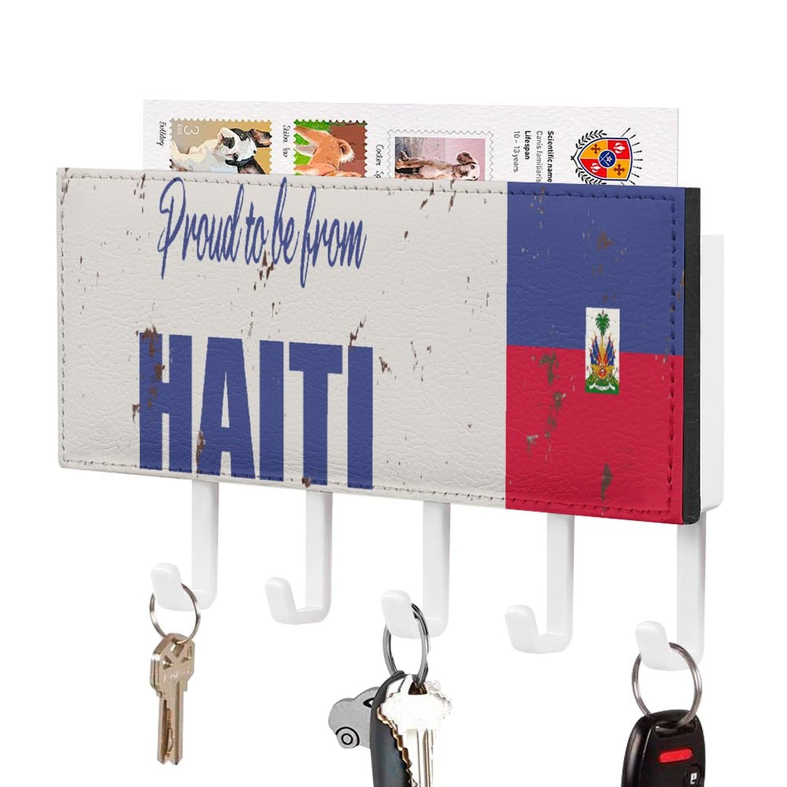 Proud to Be from Haiti Key Holder for Wall, Haiti National Flag Mail Holder and Key Rack for Entryway,Rustic Key Hangers with 5 Hooks, Wall Mount for Entryway, Mudroom, Hallway