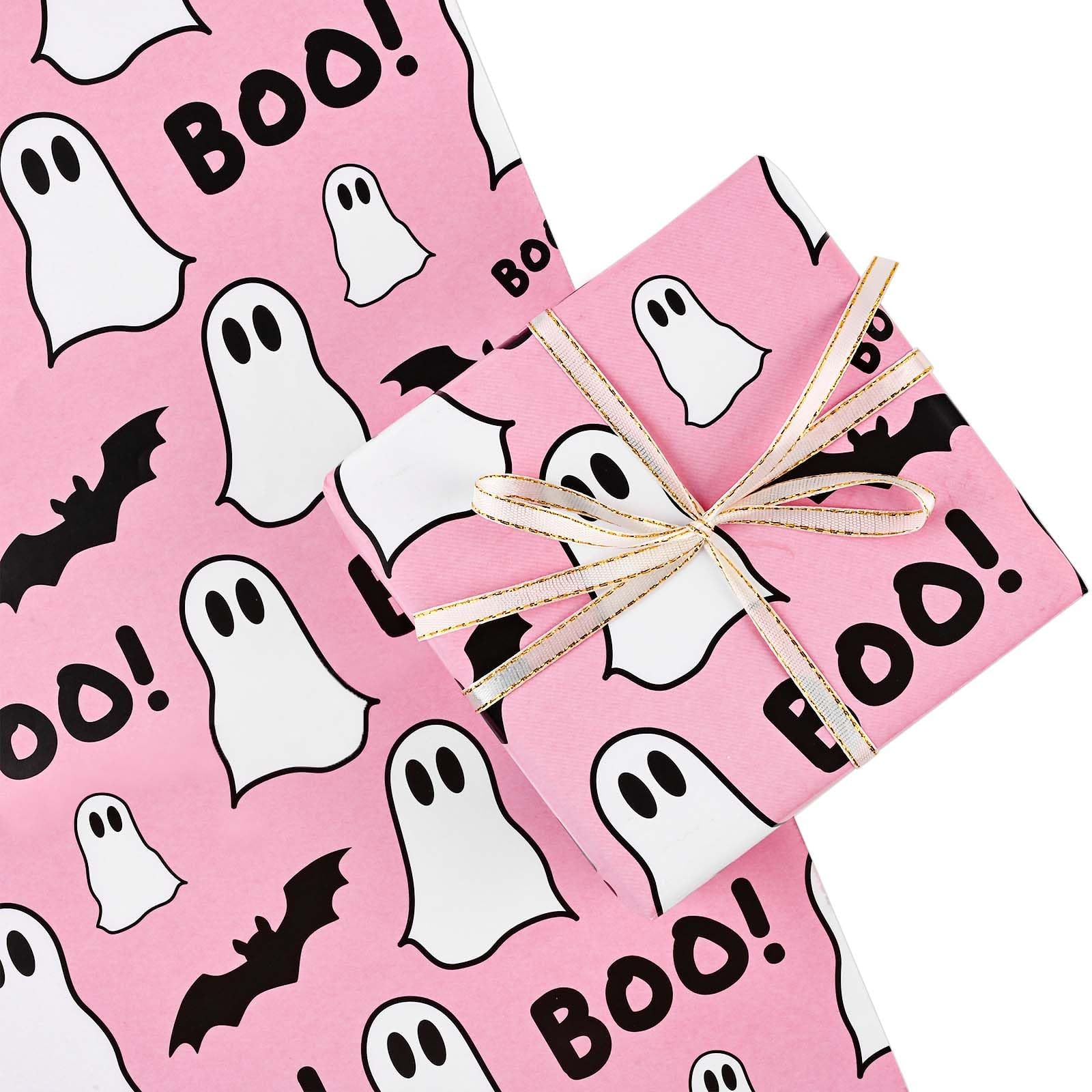 12 Sheets Pink Ghost and Boo Wrapping Paper Halloween Pink Ghost Bat Boo Pattern Wrap Paper Cute Ghost Paper for Happy Boo Day Girls Baby Shower Birthday Party DIY Crafts Gift Wrapping