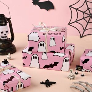 12 Sheets Pink Ghost and Boo Wrapping Paper Halloween Pink Ghost Bat Boo Pattern Wrap Paper Cute Ghost Paper for Happy Boo Day Girls Baby Shower Birthday Party DIY Crafts Gift Wrapping