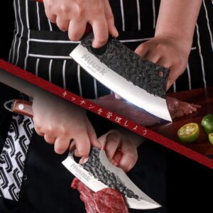 Huusk Butcher Knife Set Hand Forged Serbian Chef Knife Viking Boning Knife Cleaver Knife 3PCS Kitchen Knife Set for Meat Cutting Home & Outdoor Cooking BBQ Knives Gift for Men