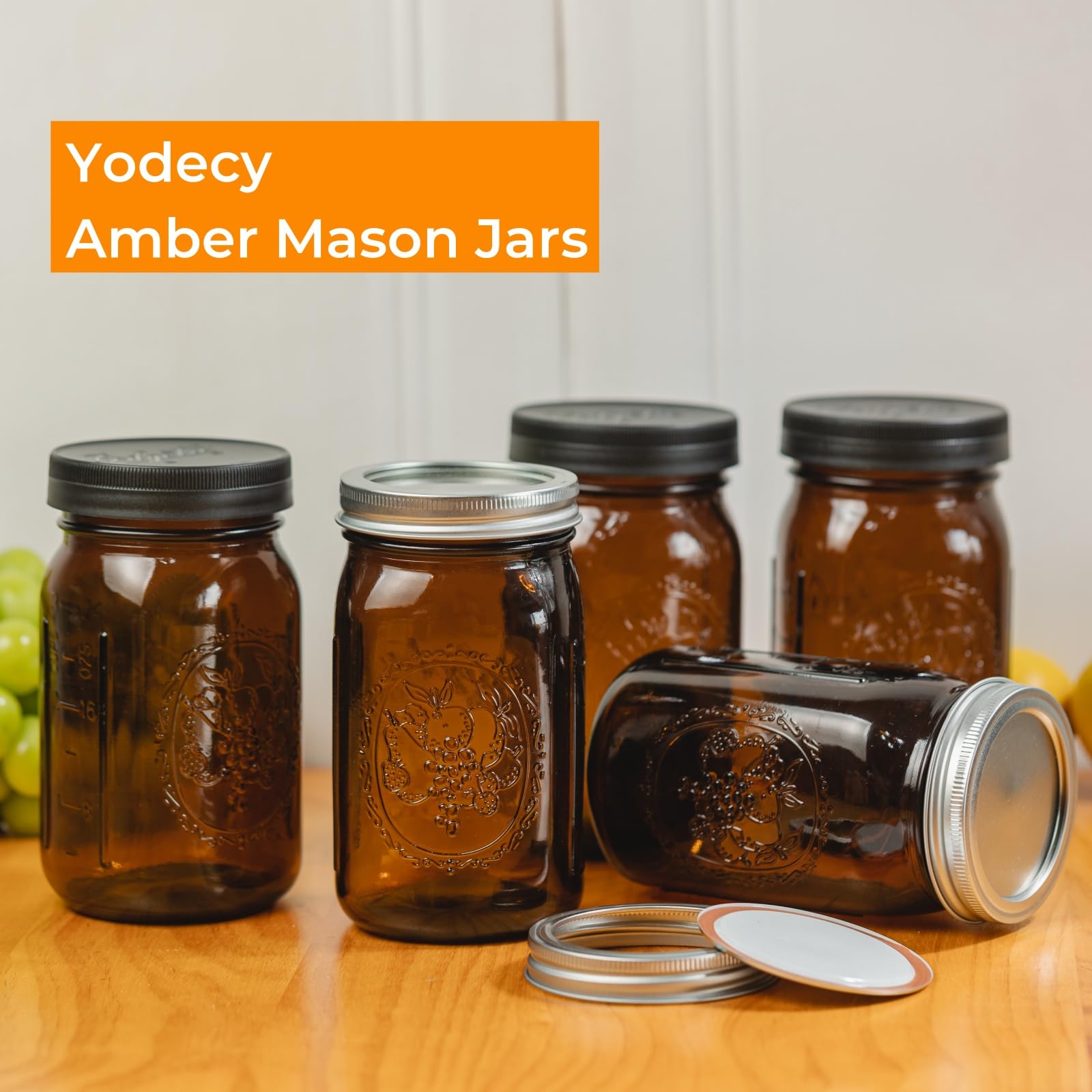 Yodecy 6 Pack 32 oz Amber Wide Mouth Mason Jars with Airtight Lids and Black Plastic Mason Jar Lids, Amber Canning Jars with Lids