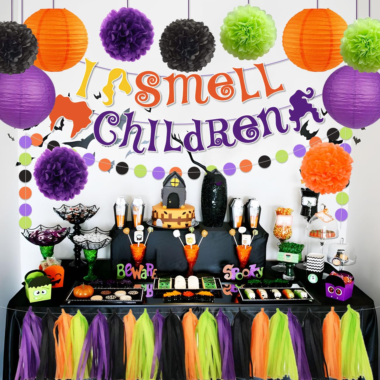 Hocus Pocus Halloween Decorations I Smell Children Banner Hocus Pocus Halloween Baby Shower Party Decorations, Hocus Pocus Sign with Paper Pompoms Tassels and Lanterns Hocus Pocus Halloween Decor