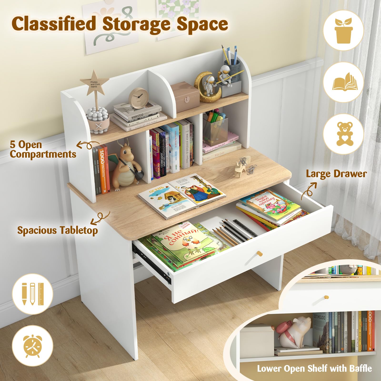 HONEY JOY White Kids Desk, Wooden Children School Study Table with Hutch, Pull-Out Drawer, Storage Shelves, Student Writing Desk Computer Workstation for Bedroom, 3+ Years Old